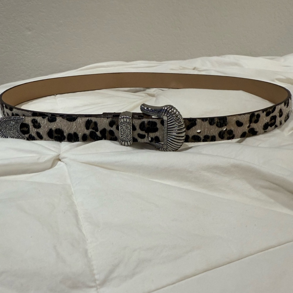 Leopard Print Belt with Silver Buckle